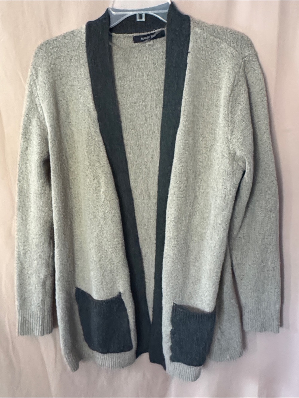 august silk tan and grayTextured cardigan.